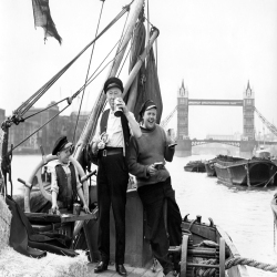 Holy Mackerel Thames barge retro black and white photographic card featuring a vintage image of a London river scene - 12.6 x 17.7cm and blank inside