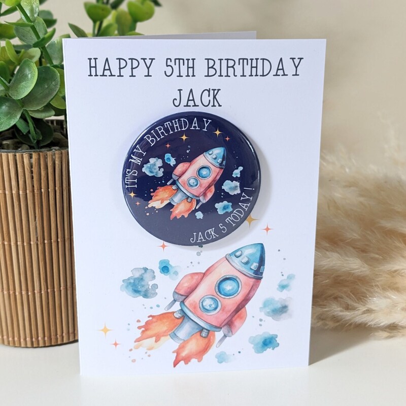 Personalised Space Rocket Birthday Card And Badge, Space Birthday Card. Space Rocket Birthday Card - 