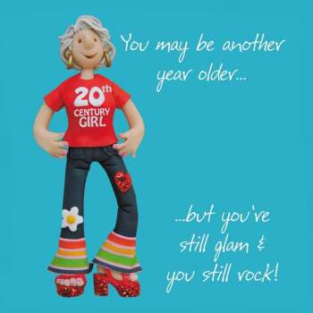 Holy Mackerel Glam rock female birthday card by Erica Sturla, for Mum, Grandma, Aunt, sister, friend etc, 15cm square and blank inside