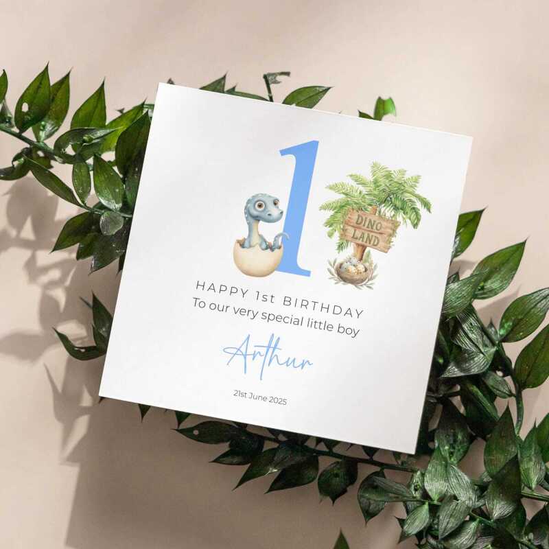 Personalised First Birthday Card Baby Dino in Egg Custom and Handmade for Boys - Smooth No Message - Kraft Brown