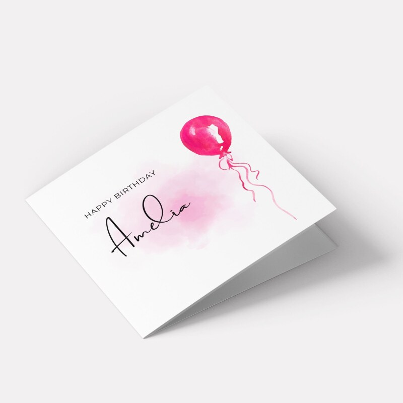 Pink balloon card personalised birthday design custom name script soft greeting - Smooth No Message - Kraft Brown