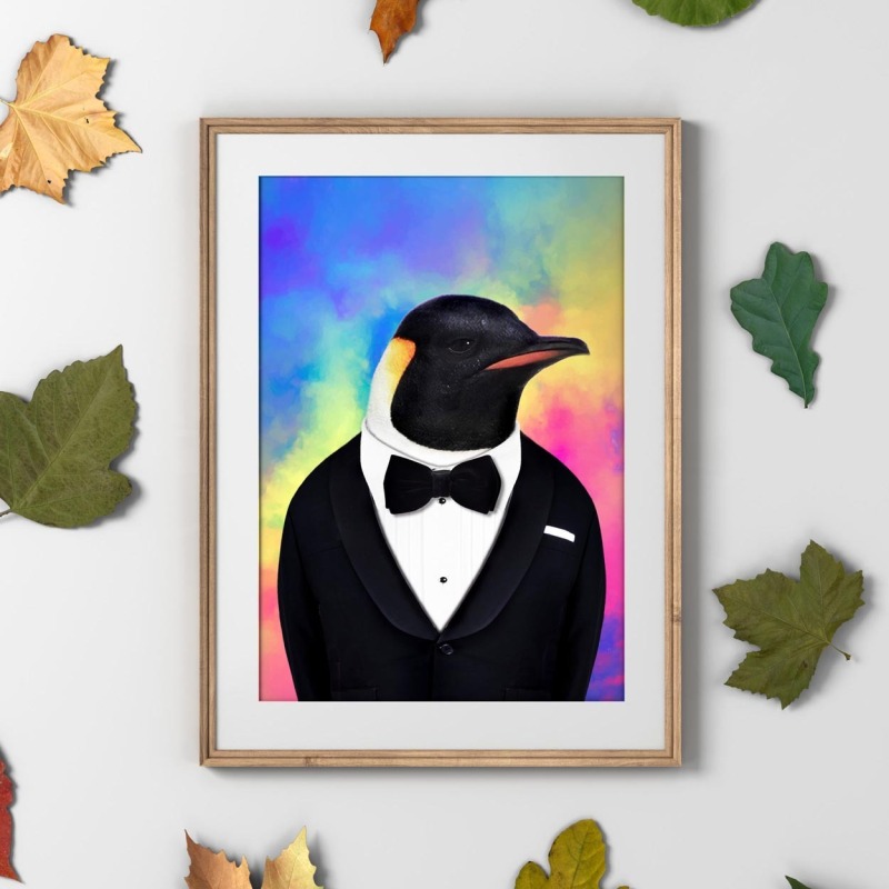 Penguin in clothes, animal print, wall art - A5 - Glossy - Glacier