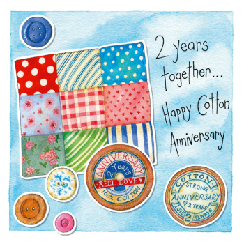 2 years together Cotton 2nd Anniversary 150mm square greetings card by artist Kate Brazier