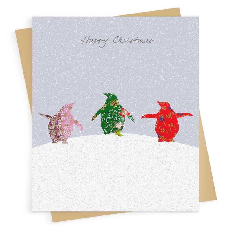 Penguin dance Christmas card -  designed by Eloise Hall - 15.7 x 11cm and blank inside, made in the UK