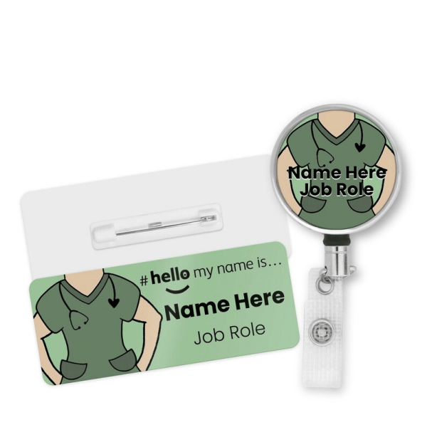 Name Badge & Metal ID Reel - Green Scrubs Hello My Name is... - Skin Tone 1