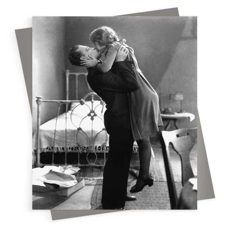 Kissing couple - vintage black and white themed card - 12.6 x 17.7cm and blank inside - made in the UK