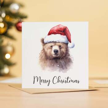 Fun Christmas Card of a Bear Wearing A Santa Hat Whimsical Watercolour Christmas Card For Animal Lover For Him or Her