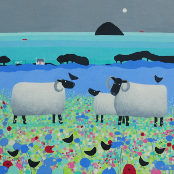 Holy Mackerel fleecies in flowers grazing sheep themed art card for him or her - designed by artist Ailsa Black - 15cm square and blank inside for your message