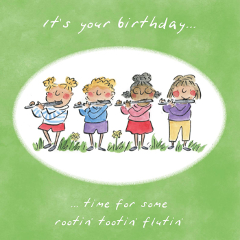 Rootin Tooting Fluting Music Themed Birthday Greetings Card by Artist Rosie Brooks. Card is 150mm Square.