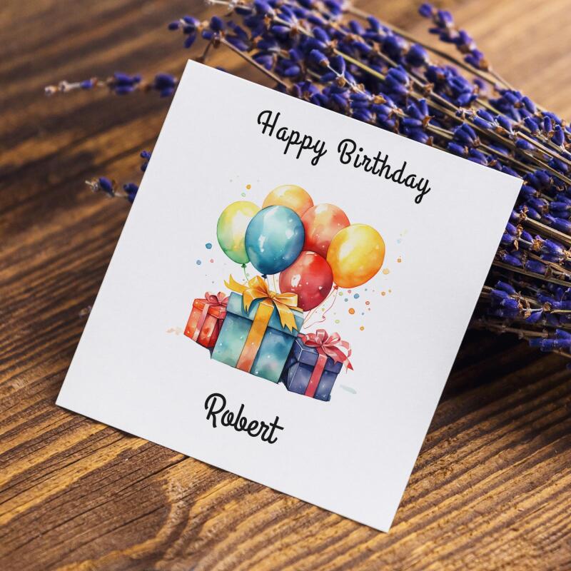 Personalised happy birthday card with balloons and gift boxes, custom name, vibrant colours - Smooth No Message - Kraft Brown