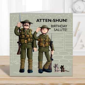Atten-shun - WW1 soldier themed birthday card - designed by Erica Sturla - 15cm square and blank inside, made in the UK