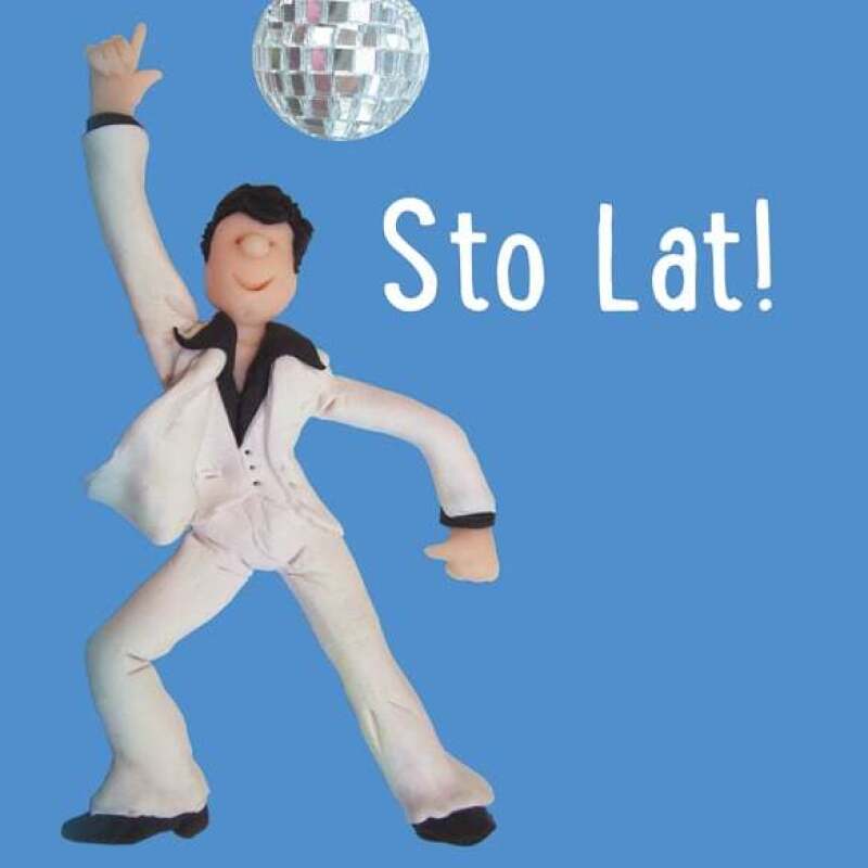 Holy Mackerel sto lat disco themed male Polish birthday card for him - designed by artist Erica Sturla - 15cm square and blank inside for your message - made in the UK