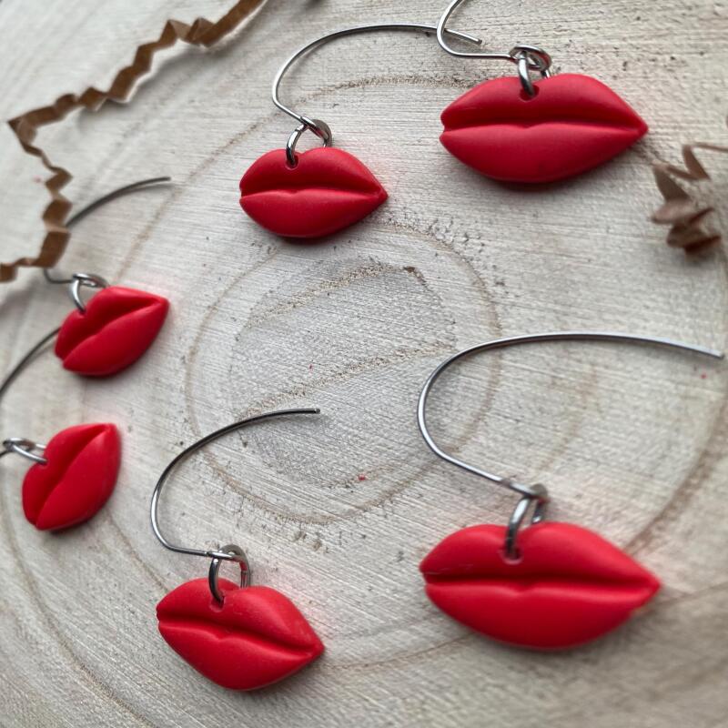 Red Lips Earrings: Handmade Polymer Clay, Surgical Steel Hooks