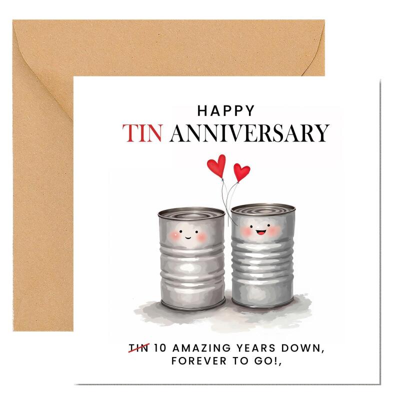 10 Year Anniversary Card For Husband, Wife 10th Anniversary Card, Happy Tin anniversary 10 year Card Funny Greeting Card wife husband - Add a Message