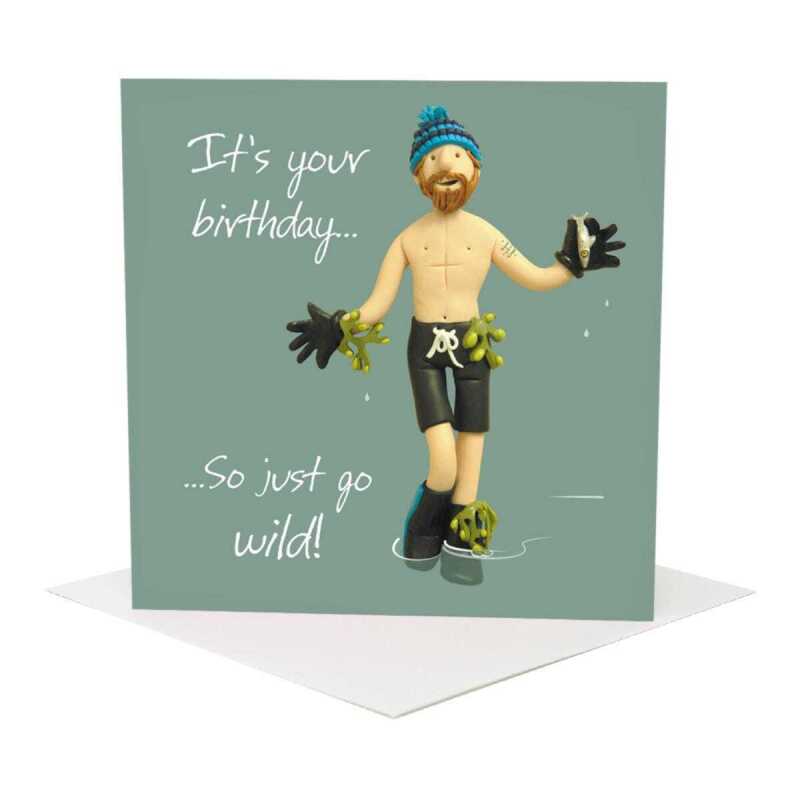 Wild swimming themed birthday card for him - designed by Erica Sturla - 15cm square and blank inside, made in the UK