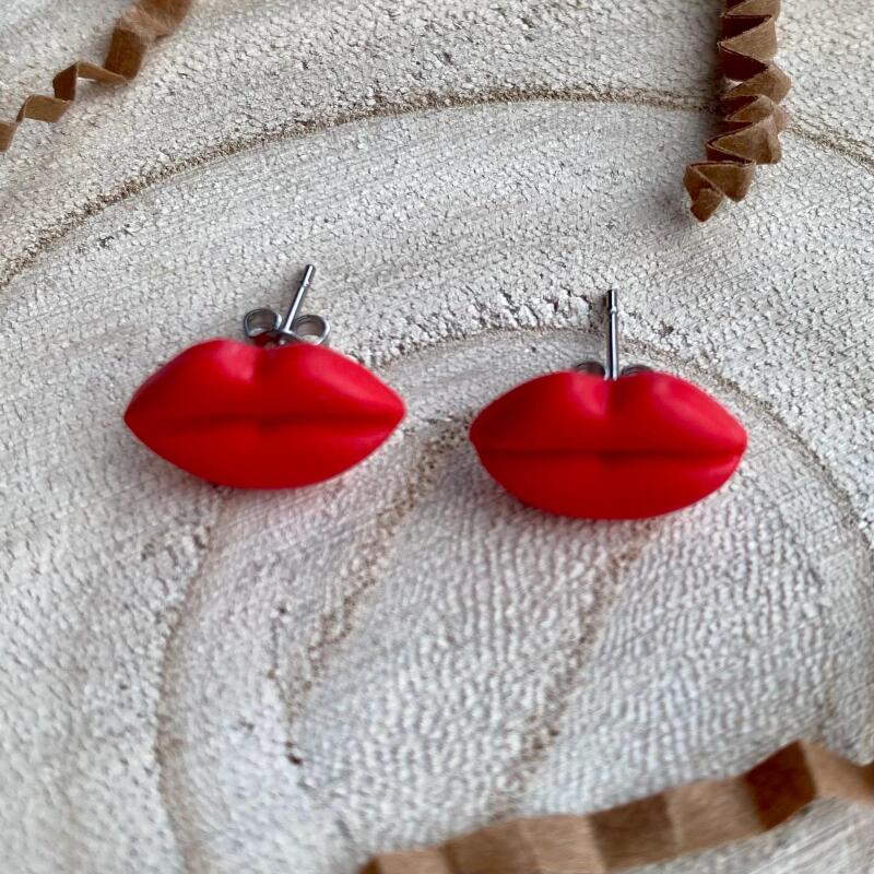 Handmade Red Lip Stud Earrings: Polymer Clay, Hypoallergenic