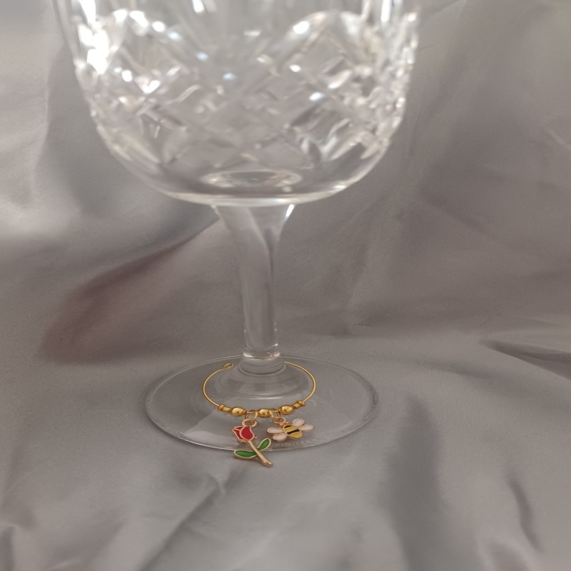 Set of 5 Wine Glass Charms with Roses and Bees