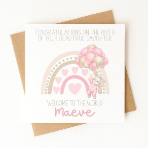 Personalised New Baby Card - Welcome to the World Pink Bunny Rainbow