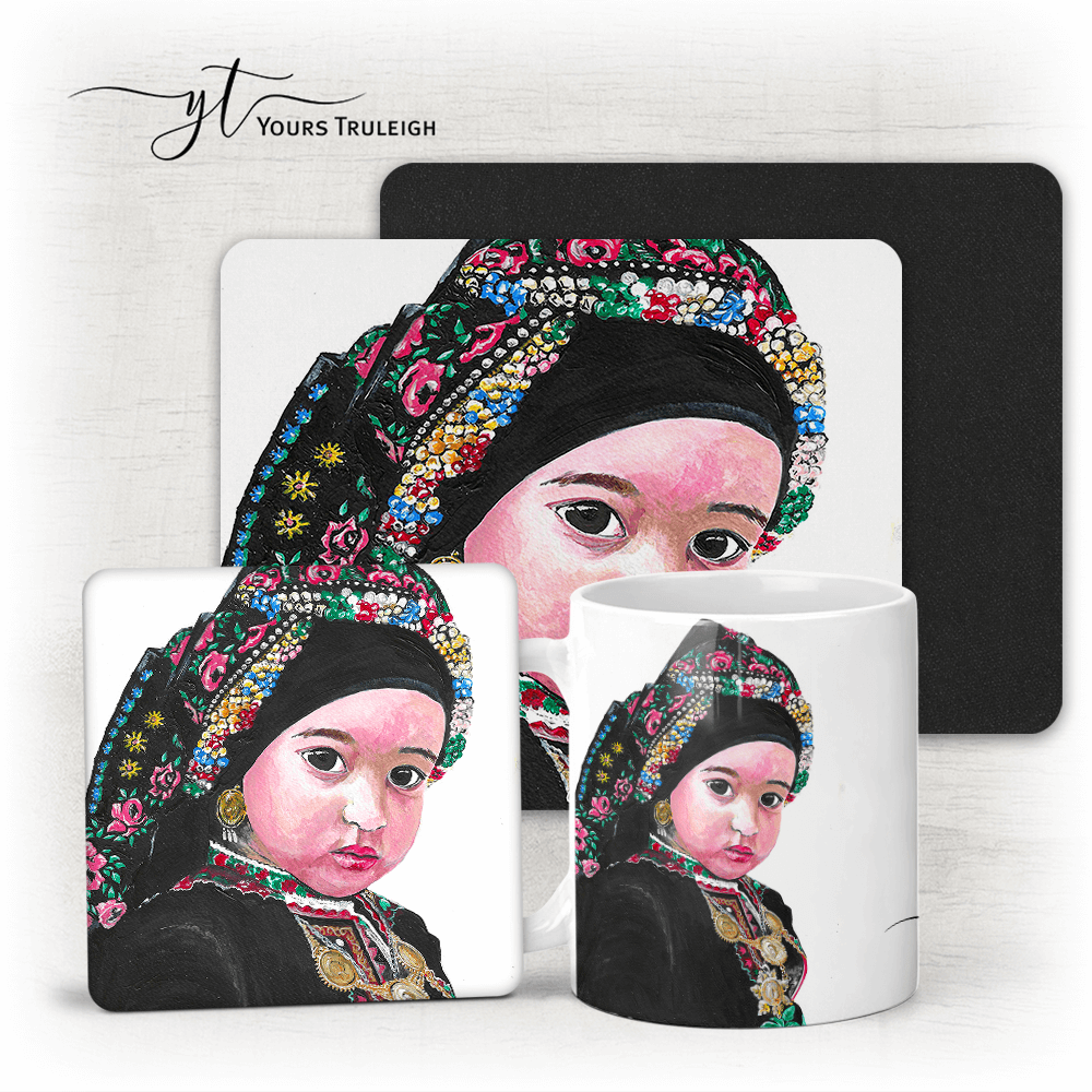 Traditional Karpathos Girl - Ceramic Mug, Hardboard Coaster & Placemat Set - Traditional Karpathos Girl