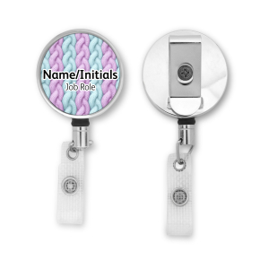 Personalised Metal ID Reel - Pastel Knitted Pattern