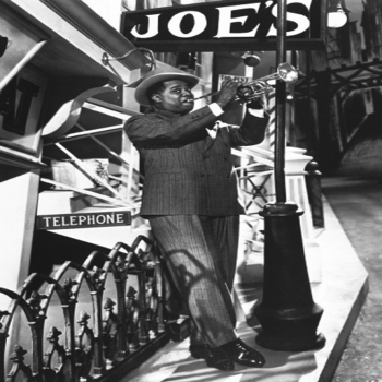 Holy Mackerel Louis Armstrong retro black and white photographic card featuring a vintage image of the trumpeter oustside Joe's - 12.6 x 17.7cm and blank inside