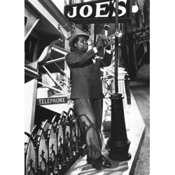 Holy Mackerel Louis Armstrong retro black and white photographic card featuring a vintage image of the trumpeter oustside Joe's - 12.6 x 17.7cm and blank inside
