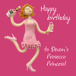 Devon's Prosecco Princess Birthday Greetings Card, Designed by Erica Sturla for Holy Mackerel. Card is 150mm Square and Blank Inside.