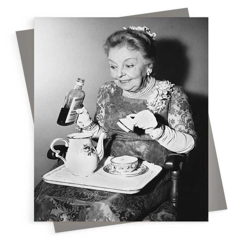 Lady adding gin to her tea - vintage black and white themed card - 12.6 x 17.7cm and blank inside - made in the UK