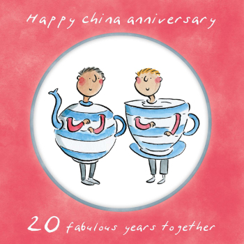Holy Mackerel same sex LGBTQ+ 20th China anniversary card (male) by Rosie Brooks - blank inside - 15cm square
