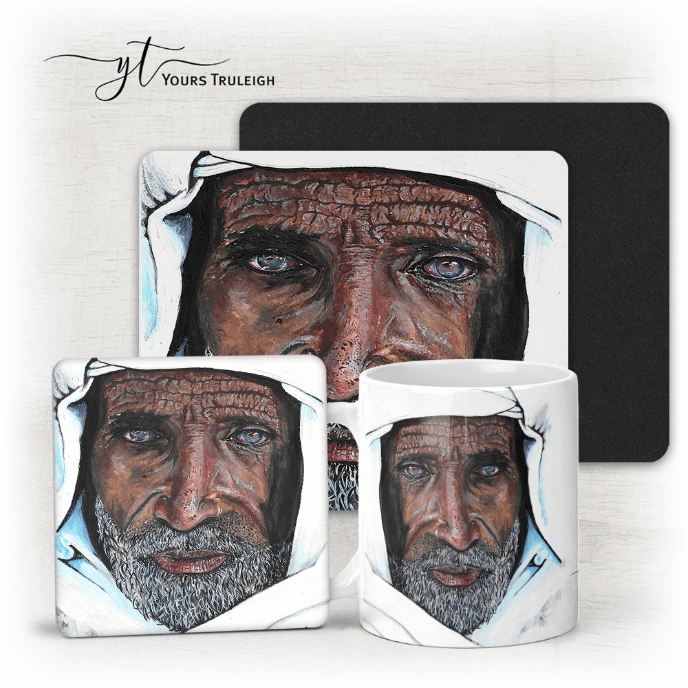 Elderly Moroccan Man - Ceramic Mug, Hardboard Coaster & Placemat Set - Elderly Moroccan Man