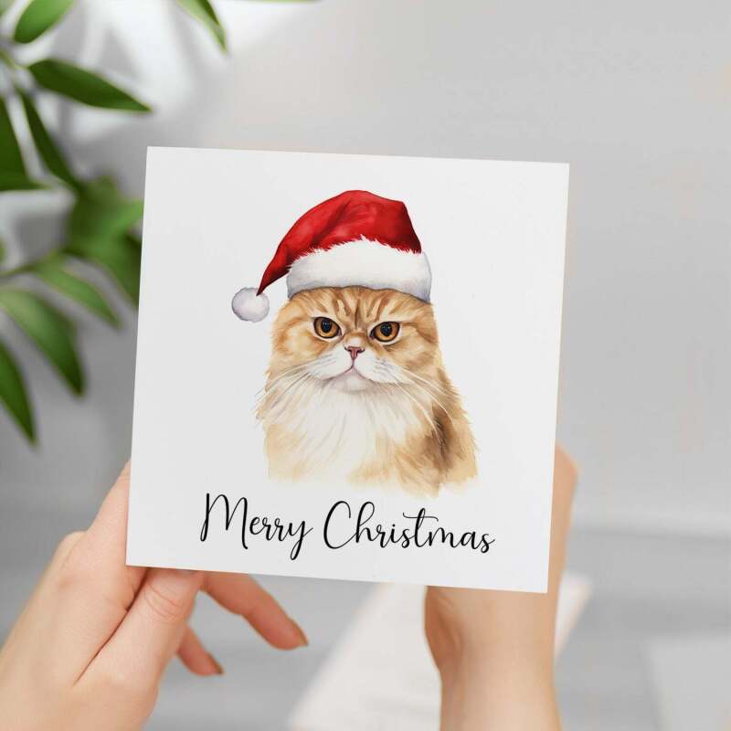 Fun Christmas Card of a Scotish Fold Wearing A Santa Hat Whimsical Watercolour Christmas Card For Animal Lover For Him or Her - Square (5.5x5.5) / Blank Inside