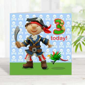Birthday boy age 3 in a pirate costume - child's age birthday - designed by Erica Sturla - 15cm square and blank inside, made in the UK