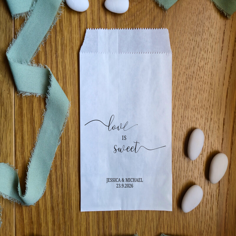 Personalised Wedding Candy Bags | Love is Sweet | 15cm × 10cm | White | Cerimony, Bridal, Matrimony, Marriage, Party, Event - White - Sample (not custom)