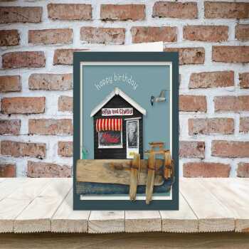 Now frying - quayside chippy themed birthday card - designed by Seth Draper - 15cm square and blank inside, made in the UK