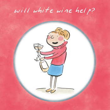 Holy Mackerel Will white wine help, a 15cm square card featuring Rosie Brooks artwork, blank inside for your message
