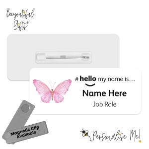 Name Badge - Watercolour Pink Butterflies Hello My Name is... - Design 4