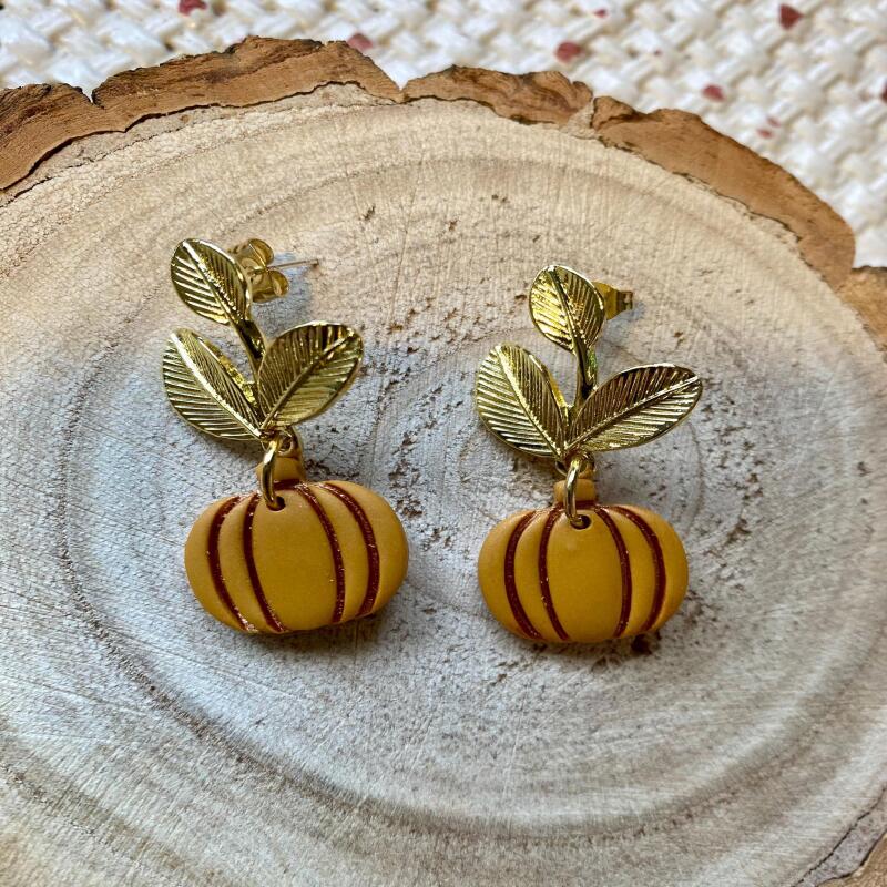Polymer Clay Pumpkin Earrings: Gold Leaf Autumn Dangles