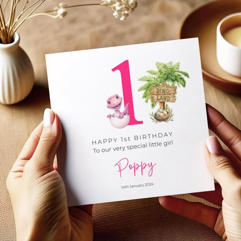 Personalised 1st birthday, 2nd or 3rd Baby Dinosaur Card Customised Handmade for Girls - Smooth No Message - Kraft Brown