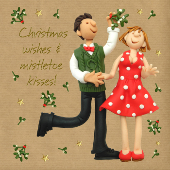 Holy Mackerel Mistletoe kisses, a festive foiled Christmas card designed by Erica Sturla, 15cm square & blank inside for your message.