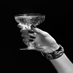 Holy Mackerel Here's to you retro black and white photographic card featuring a vintage image of a champagne glass - 12.6 x 17.7cm and blank inside
