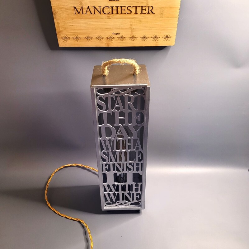 Wooden Wine box with Quote Lamp - Wine Quote "Start the day with a Smile, Finish it with Wine"