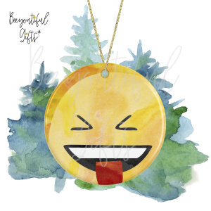 Watercolour Emoji Ceramic Christmas Tree Decoration - Tongue Out Eyes Closed