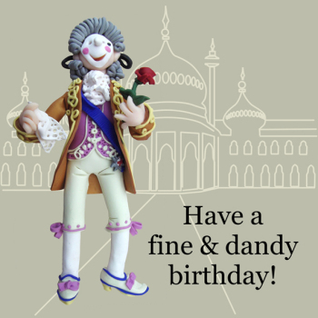Holy Mackerel historical fine and dandy Georgian birthday card with a fashionably dressed character and the Brighton pavilion - by artist Erica Sturla - 15cm square and blank inside - made in the UK