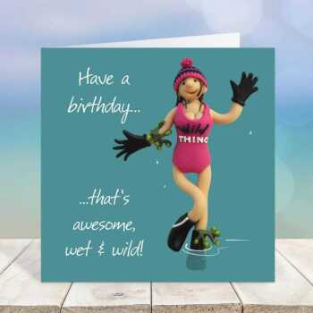 Wild swimming themed birthday card for her - designed by Erica Sturla - 15cm square and blank inside, made in the UK