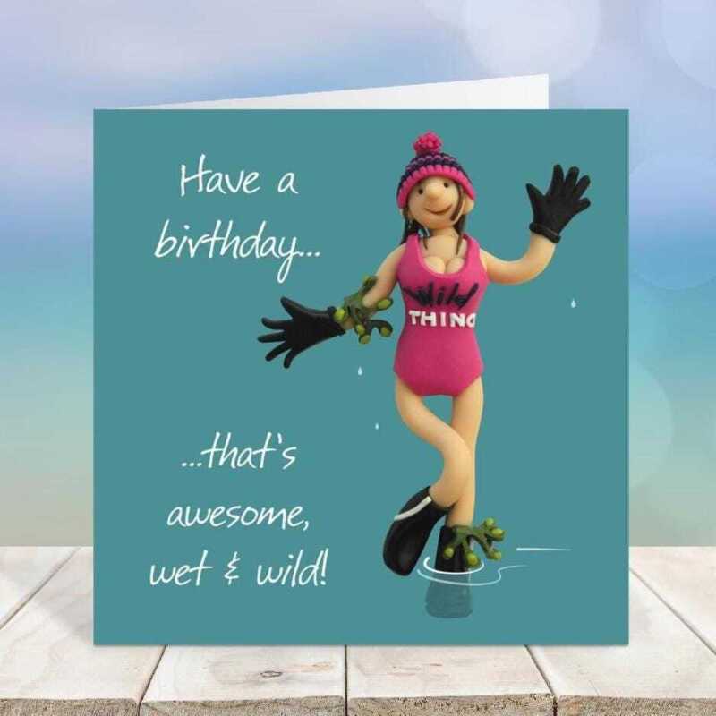Wild swimming themed birthday card for her - designed by Erica Sturla - 15cm square and blank inside, made in the UK
