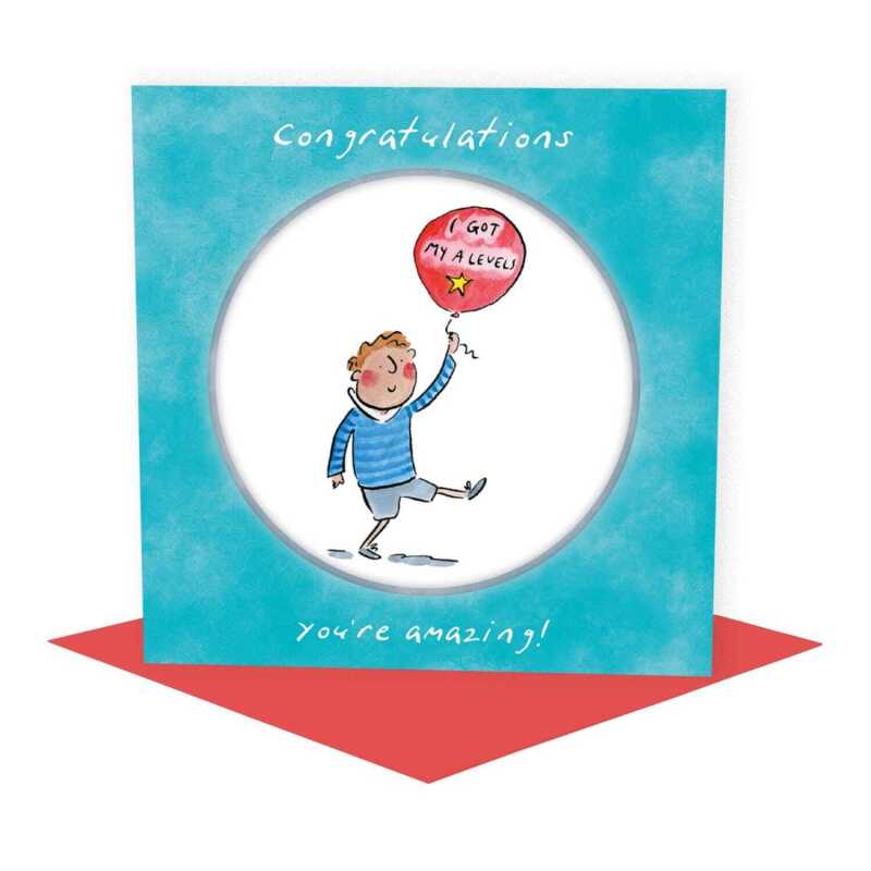 A level congratulations card for a boy - designed by Rosie Brooks - 15cm square and blank inside, made in the UK