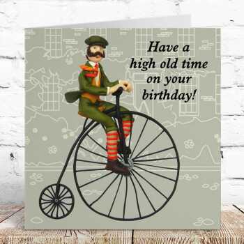 Penny farthing - Victorian cyclist themed birthday card - designed by Erica Sturla - 15cm square and blank inside, made in the UK