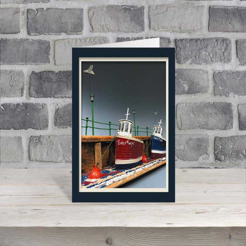 Flossy - quayside fishing boats themed blank card - designed by Seth Draper - 15cm square and blank inside, made in the UK