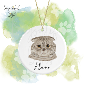 Personalised Watercolour Cat Face Round Ceramic Hanging Decoration - Scottish Fold - Face 6