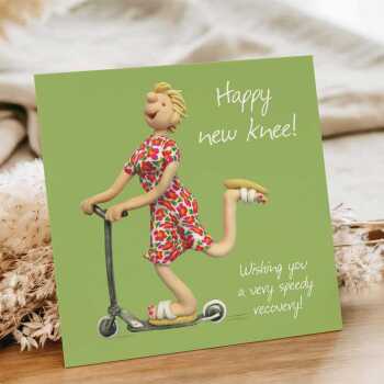 Funny female happy new knee card to send get well wishes - designed by Erica Sturla - 15cm square and blank inside, made in the UK